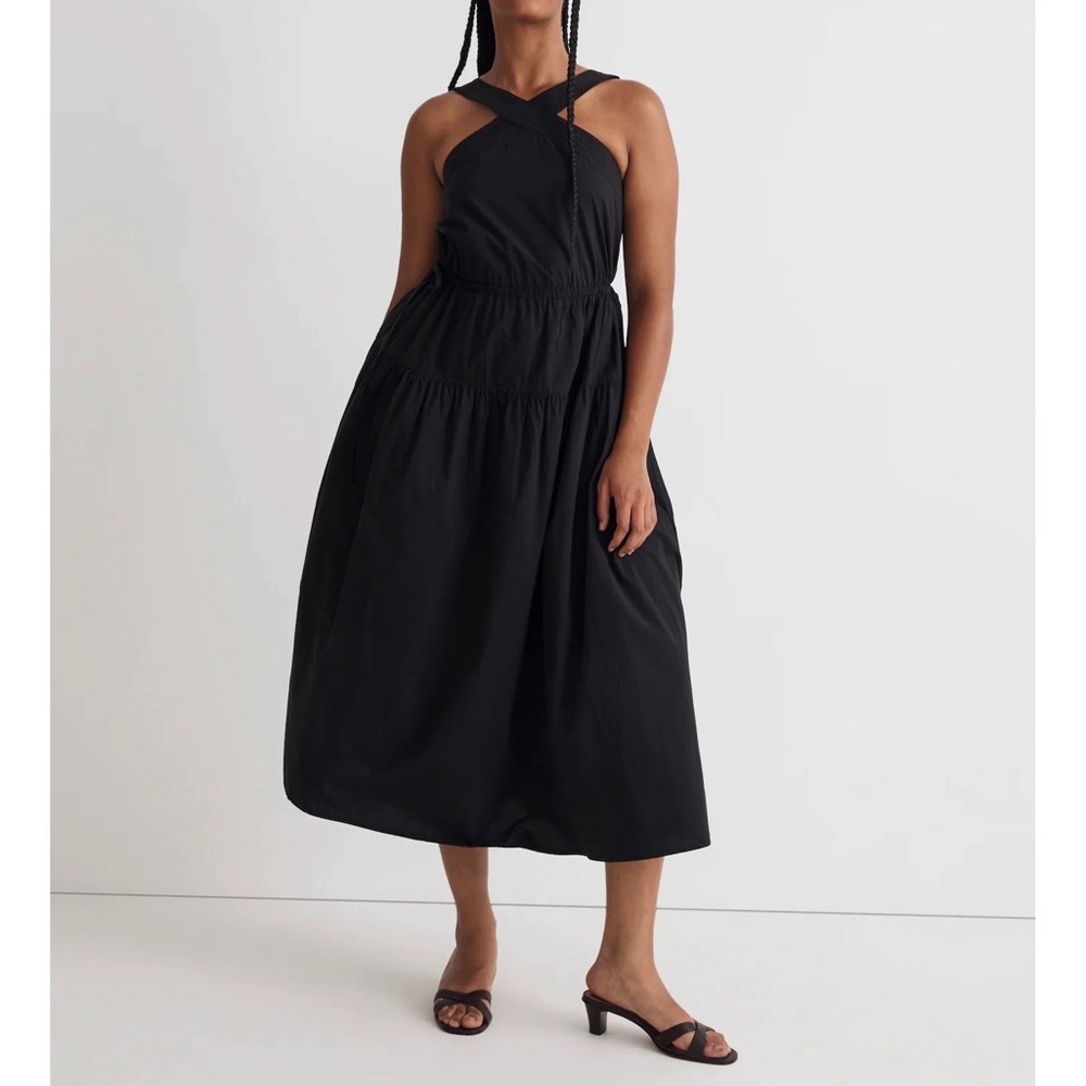 Madewell Poplin Halter Tiered Midi Dress True Black Cotton Size 8